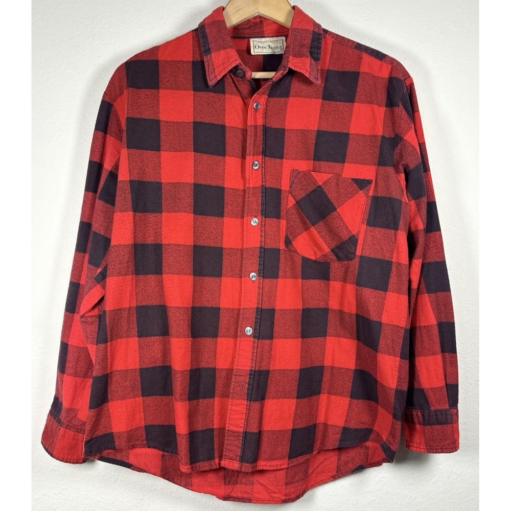 Vtg 90s Open‎ Trails Flannel Shirt L Red Black Buffalo Plaid Grunge Lumberjack